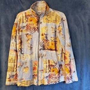 Chico's blue & gold print zip up knit jacket